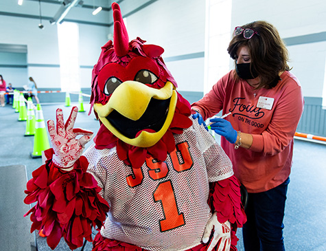 Cocky receives his COVID-19 vaccine at a campus vaccine clinic