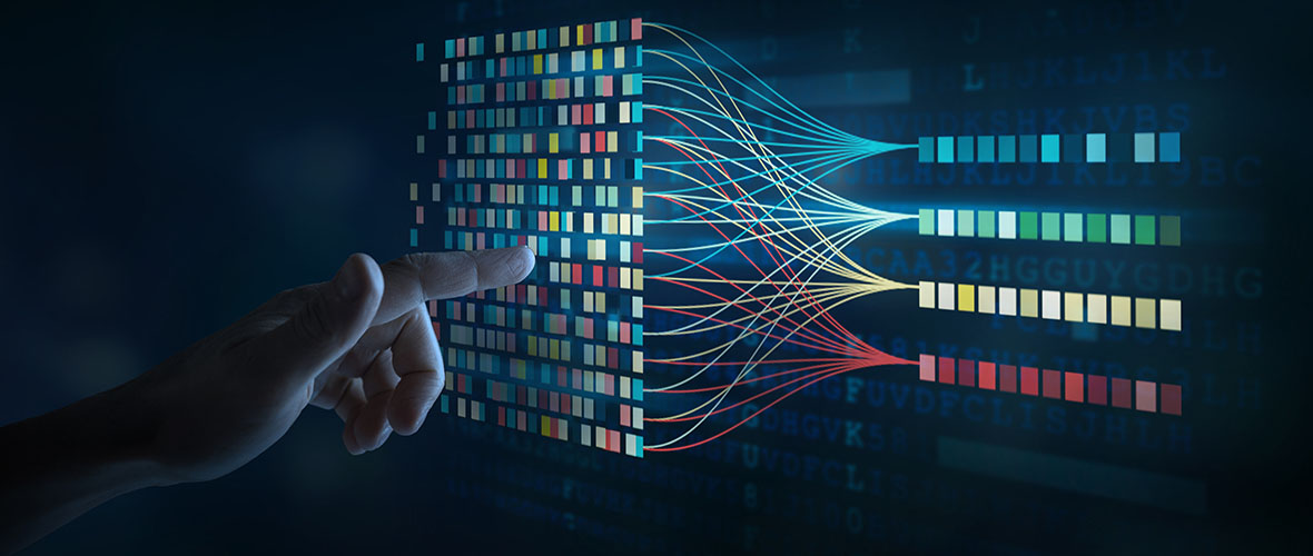 Data science and big data technology. Big data analytics visualizing complex data set on touchscreen. Data mining.