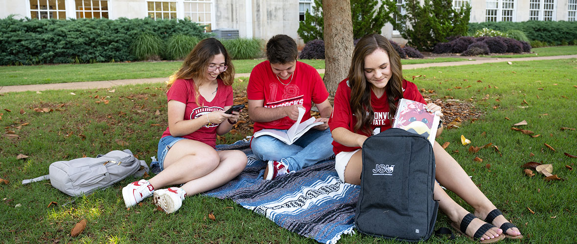 Students doing homework on the quad