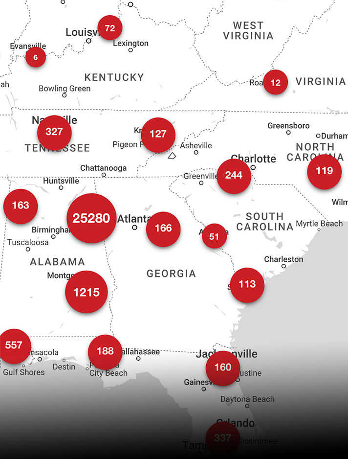 map showing locations of alumni